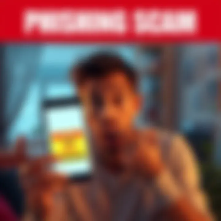 A person looking shocked while holding a smartphone showing a fake app warning. They are in a home setting, suggesting a recent near miss with a cyber scam.