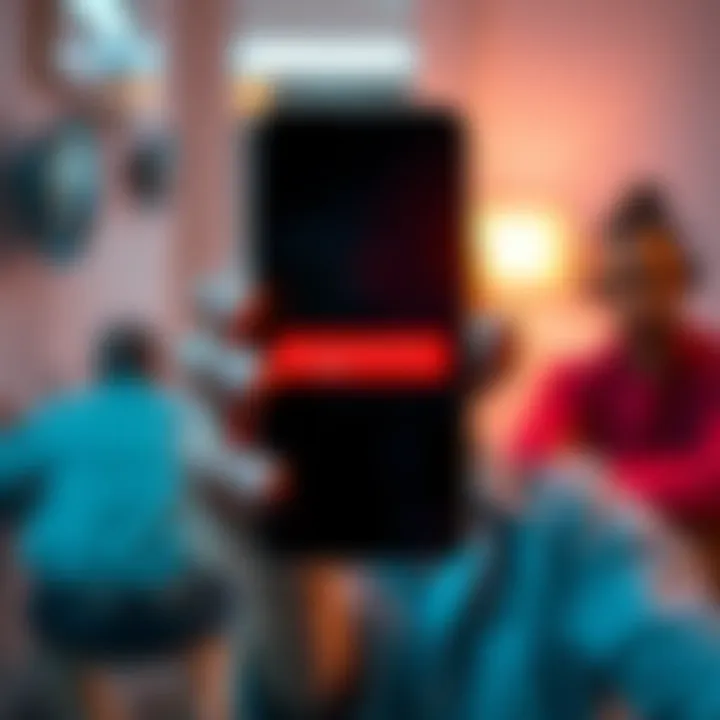 Phone with Connectivity Issues A smartphone displaying a connectivity error on the screen, with a frustrated person in the background looking at the device.