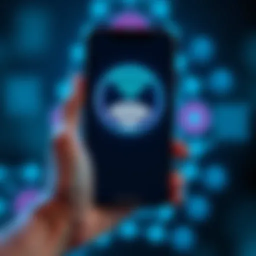 A person holding a smartphone showing a struggling Wi-Fi connection icon, with network icons in the background