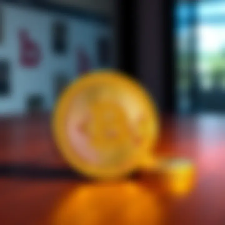 A BTCC Mint 2016 physical Bitcoin with shiny gold surface displayed on a wooden table