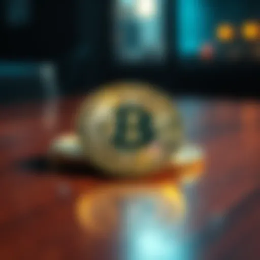 A shiny physical Bitcoin coin resting on a wooden surface, reflecting light, symbolizing its value in the cryptocurrency market.