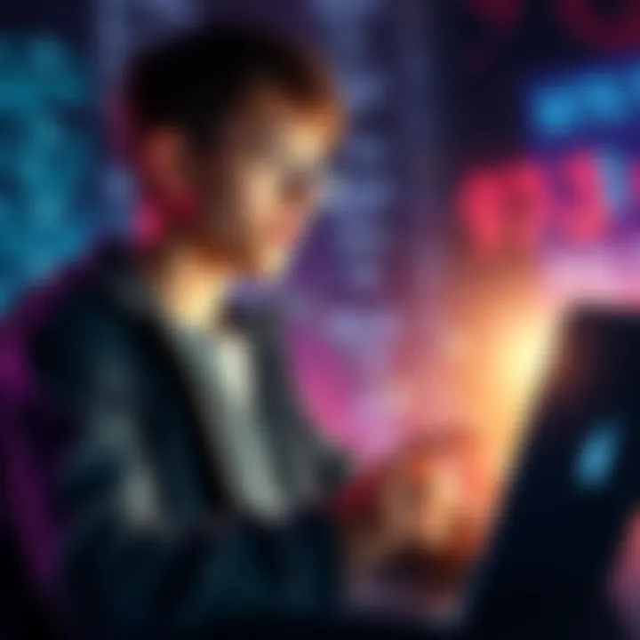 A young student with a laptop discussing Web3 freelancing, surrounded by math equations and digital graphics.