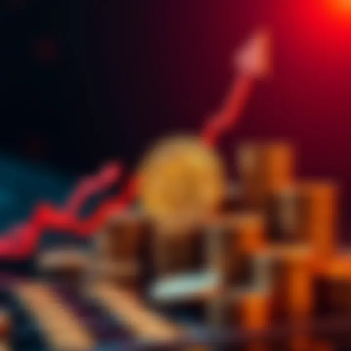 Graph showing Pi Coin price rising with arrows pointing upward and coins stacked in the background.