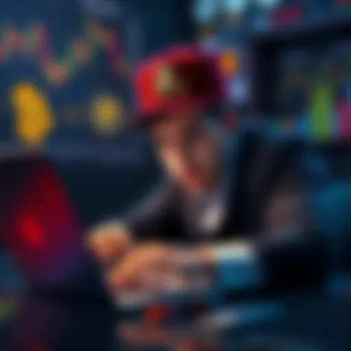 A person looking frustrated while trying to sell Pi cryptocurrency on a laptop, surrounded by charts and cryptocurrency symbols