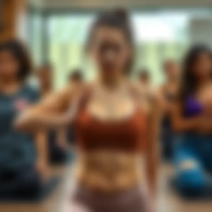 A university student struggles in a Pilates pose while wearing a tight sports bra, looking embarrassed in front of peers and a supportive instructor.