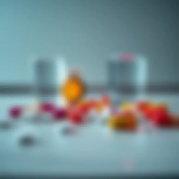 A selection of various pills on a table beside a glass of water, ready for quick relief from illness.
