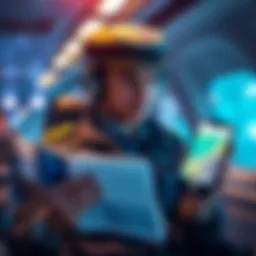 A long-haul pilot looking at travel-related documents and a smartphone displaying the Revolut app, evaluating banking options while traveling.