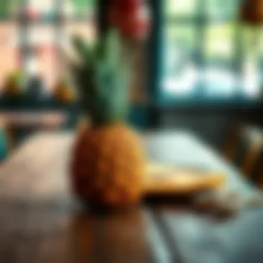 Pineapple on a Table A pineapple placed on a rustic wooden table, symbolizing hospitality and warmth