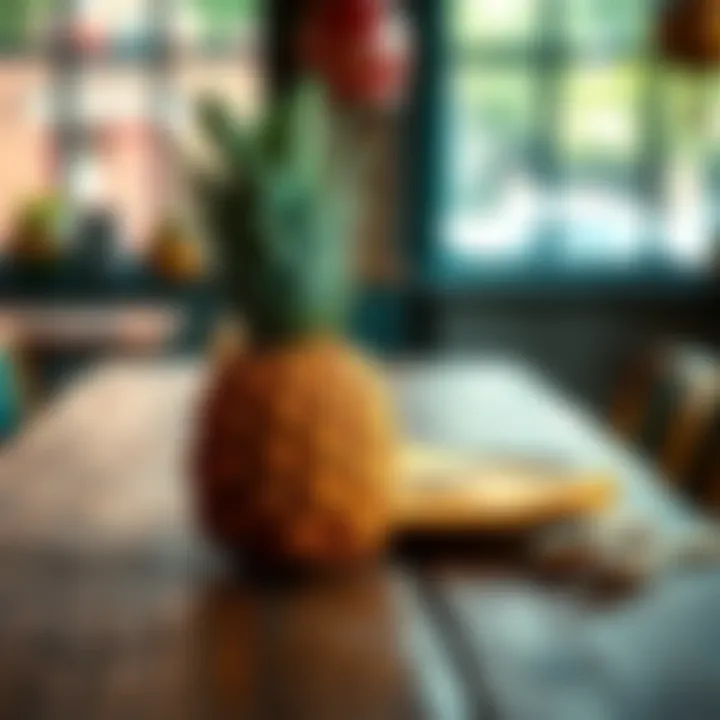 Pineapple on a Table A pineapple placed on a rustic wooden table, symbolizing hospitality and warmth