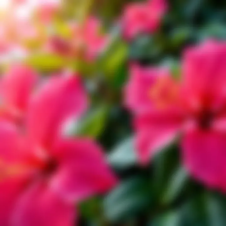 A close-up view of vibrant pink hibiscus flowers with lush green leaves