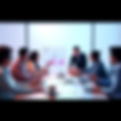 A group of professionals discussing a business pitch with charts and laptops at a conference table for Soonami Venturethon.