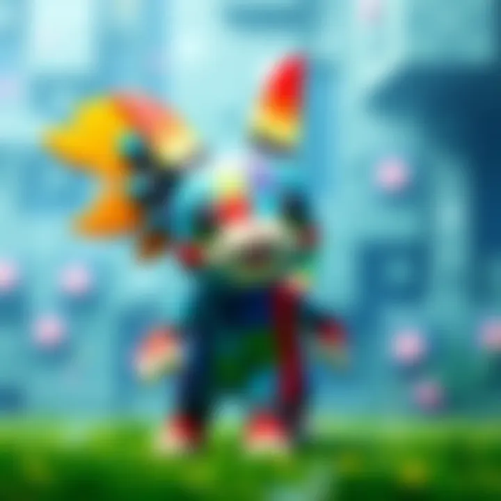 A colorful character resembling a Pixelmon from Generation 1, known as OG Kevin, smiling and standing proudly with a gaming background.