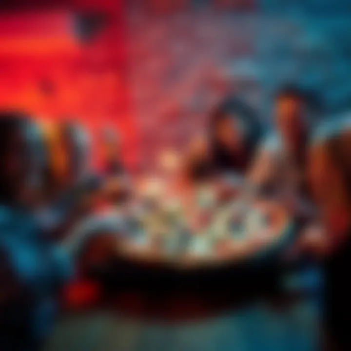 Pizza Celebration Group of friends sharing a large pizza with various toppings at a table, smiling and enjoying their time together.