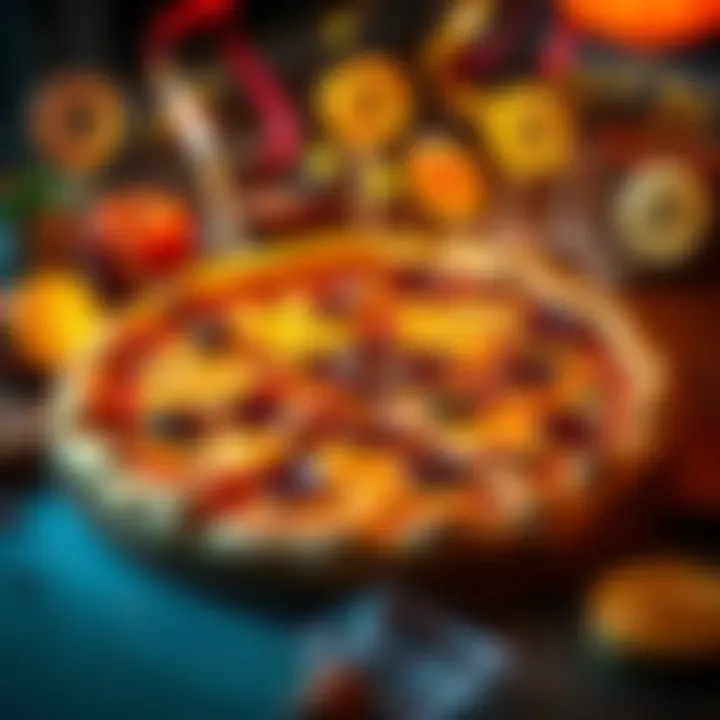 A celebratory pizza with Bitcoin symbols around it, representing the historic 10,000 BTC transaction