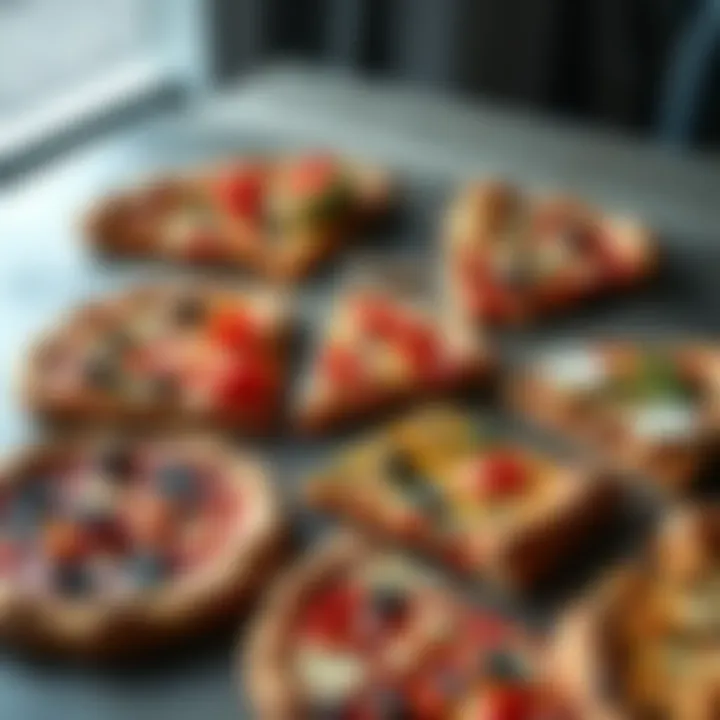 A variety of colorful pizza slices on a table, showcasing creative toppings and designs, with people sharing their pizza pics on Discord.