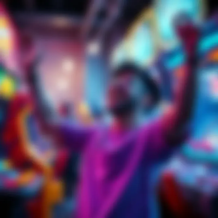 Player celebrating a win at arcade A participant joyfully celebrating after earning points at an arcade event, surrounded by colorful arcade machines and bright lights.