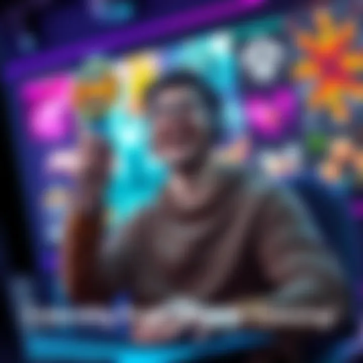 A joyful online player holding a virtual badge, celebrating reaching a $100 milestone in gaming, surrounded by colorful game graphics.