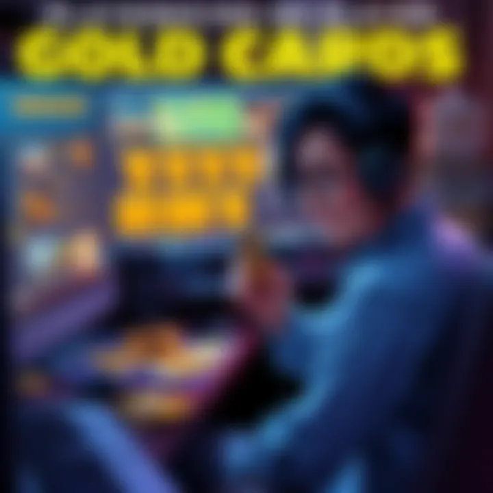 Player Seeking Gold Cards A frustrated player looking for gold cards while holding a trading card in their hand, sitting at a desk cluttered with cards and a computer screen showing trading forums.