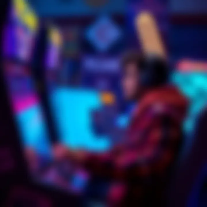 A confident player strategizing at an arcade machine, looking at game challenges ahead