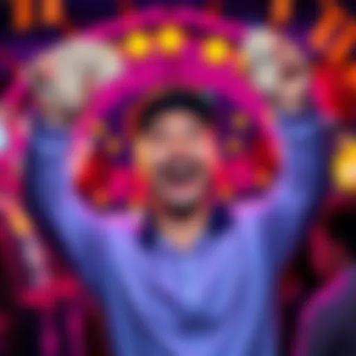A joyful player holding up their jackpot winnings with a big smile, surrounded by festive decorations indicating a win celebration.