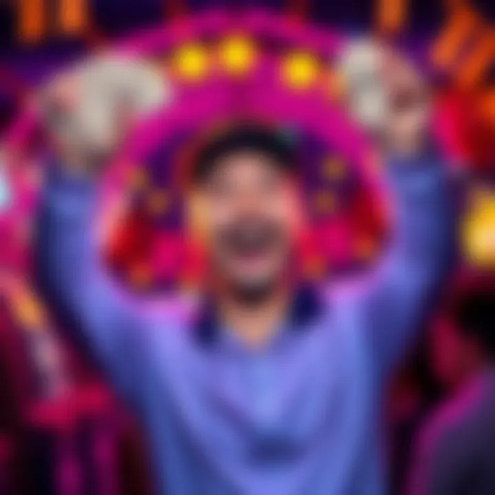 A joyful player holding up their jackpot winnings with a big smile, surrounded by festive decorations indicating a win celebration.