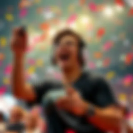 A joyful player holding a controller with confetti falling around them, showcasing excitement from a significant gaming achievement