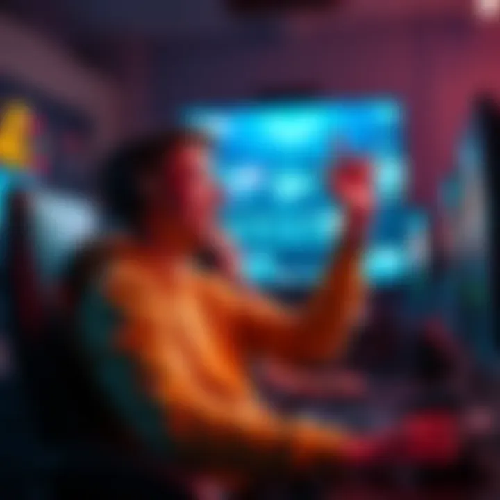 A happy player sitting in front of a gaming setup, showing excitement after ad issue resolution by Atlas Reality, enjoying smoother gameplay.