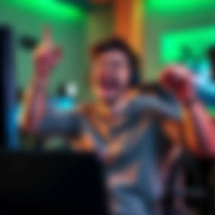 A player joyfully celebrating after achieving $500 in their game, with a gaming setup in the background.