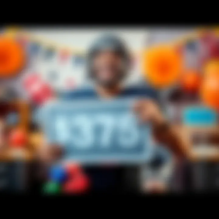 A player smiles excitedly while holding a promotional sign for a $375 offer, surrounded by sports gear and decorations for DFS Week 1.