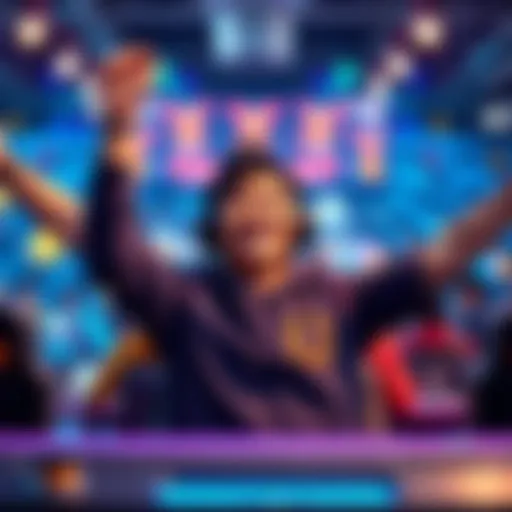 A gamer with a big smile, raising their arms in victory after achieving a good ranking in a mini game