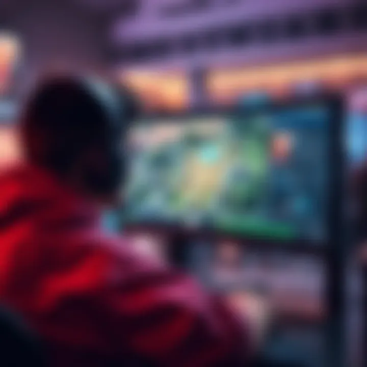 A gamer focused on a computer screen, completing a video game map on their first try, with vibrant graphics visible on the screen.