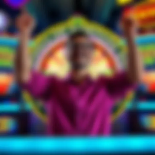 A joyful player celebrating while standing in front of the Wheel of Fortune game showing two jackpot symbols.