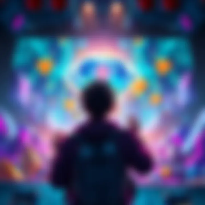 Player interacting with Super Diamond A player in a colorful game world excitedly approaches a glowing Super Diamond surrounded by smaller diamonds, showing signs of glitches with error messages on the screen.