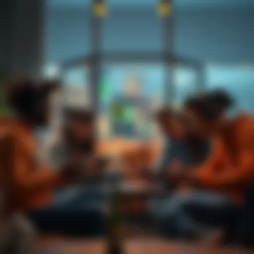 A group of gamers sharing solutions for missing games on their devices in a cozy setting