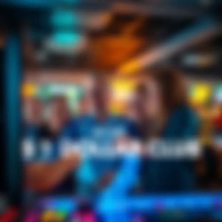 Players enjoying the $1 Dollar Club game A group of players actively engaged in the $1 Dollar Club game, smiling and sharing experiences around a screen, showcasing the fun and excitement of this free-to-play experience.