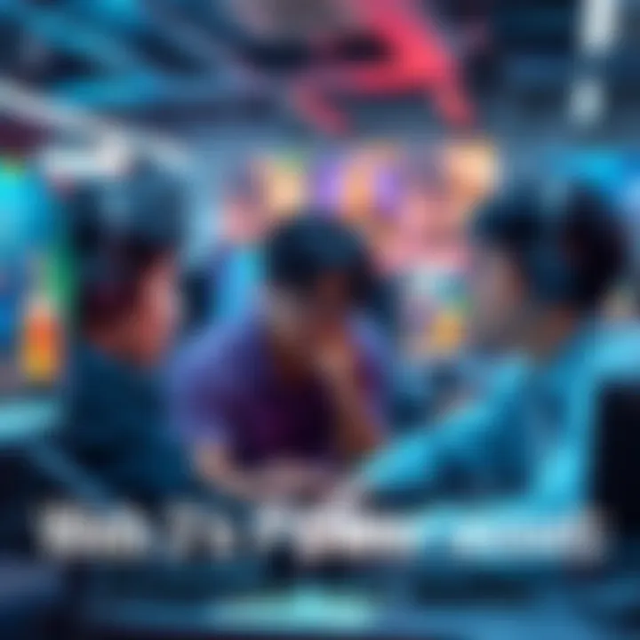 A group of gamers looking at their digital avatars and assets on computer screens, discussing ownership in a Web3 game environment.