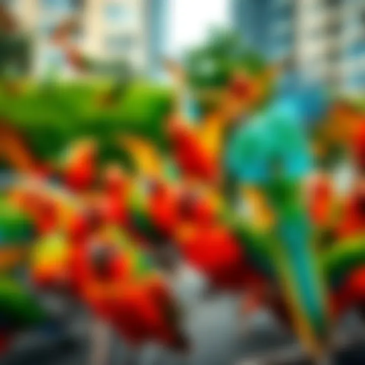 A flock of colorful birds making noise and playing around in an urban park, creating a lively scene.