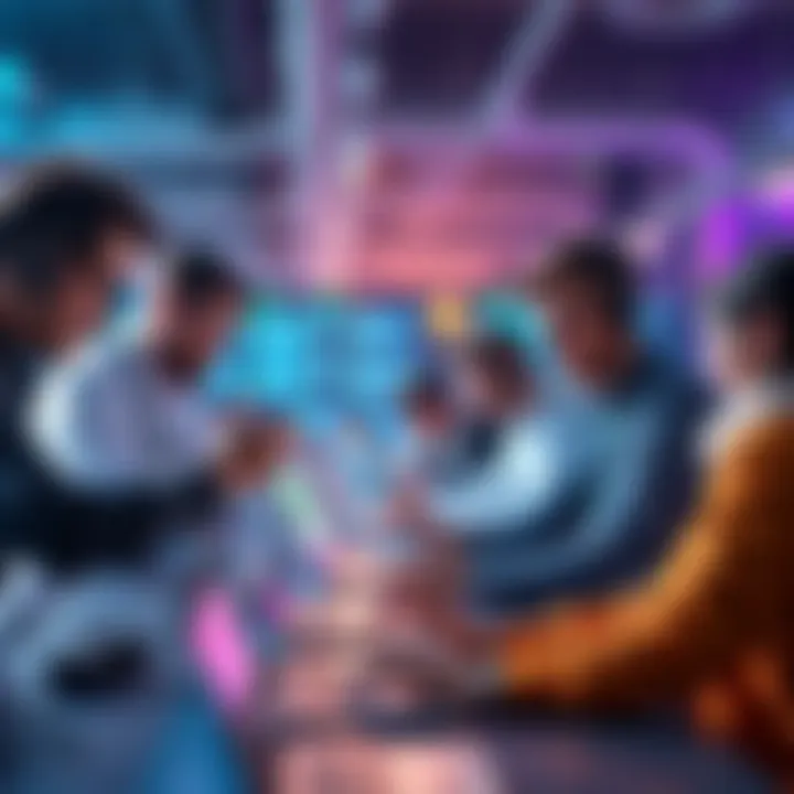 A group of developers collaborating on laptops, showcasing plug-in architecture concepts for on-chain applications.