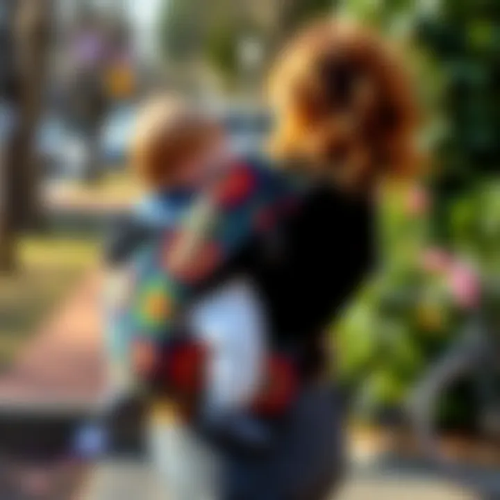 Plus-sized carrier with vibrant patterns A plus-sized baby carrier with colorful designs, suitable for larger sizes, displayed outdoors