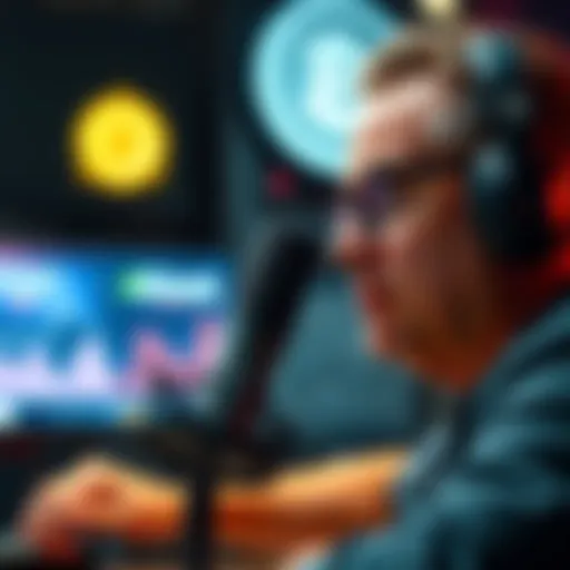 A podcast host looking for a guest to explain Bitcoin in simple terms, with a microphone and Bitcoin symbols in the background.