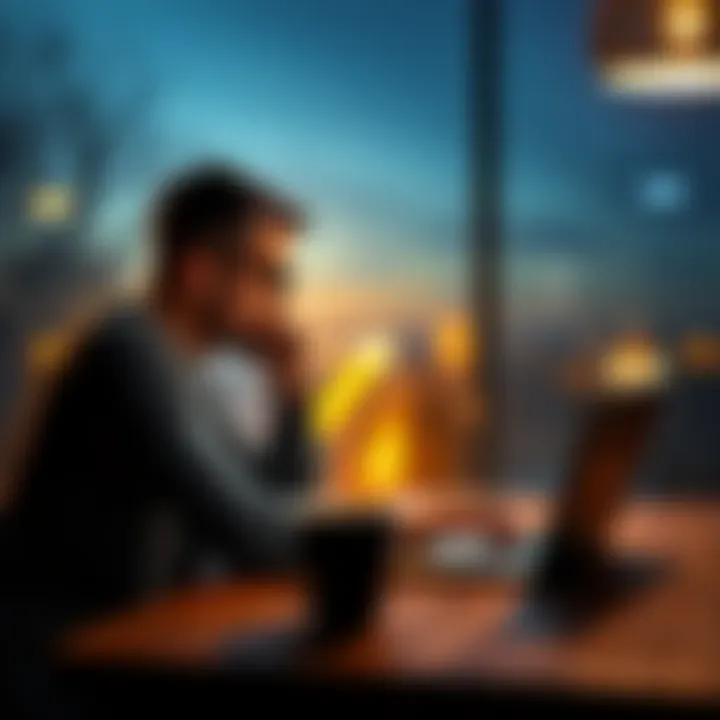 A person sitting at a table with a laptop, deep in thought about life choices related to FIRE and therapy, with a coffee cup beside them.