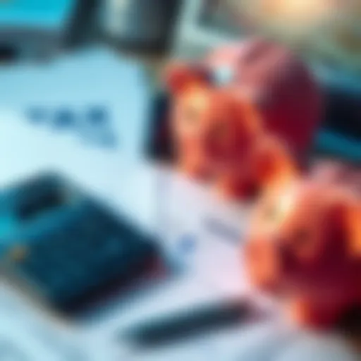 A close-up of Polish tax forms and a calculator on a desk, with a piggy bank and a pen nearby