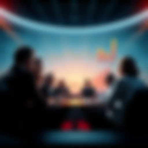 A group of people engaging in a debate about political trends, with charts and graphs in the background illustrating cycles.