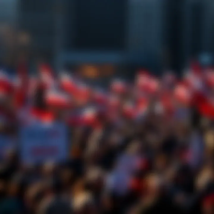 Crowd gathered at a political rally with banners and flags representing various parties, reflecting the energy of November 5, 2024.
