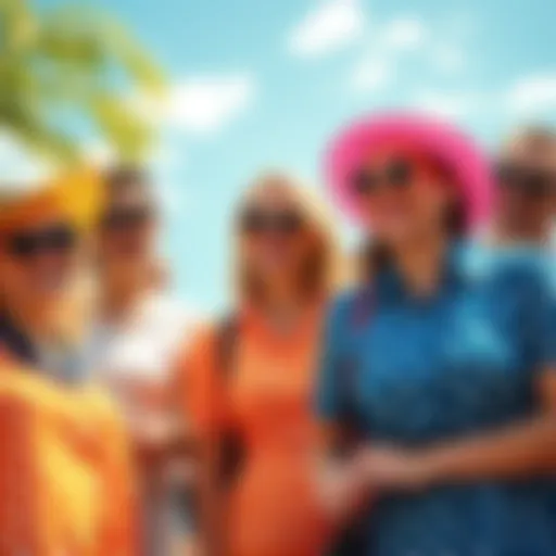 Sunny Day with Polka Dot Fashion A group of people enjoying a sunny day, wearing vibrant polka dot outfits, smiling and laughing together in a cheerful atmosphere.