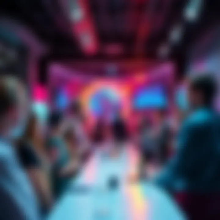 A lively gathering of Polkadot community members discussing project developments and sharing ideas in an energetic atmosphere.