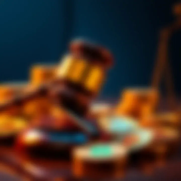 A gavel and Bitcoin coins representing a lawsuit involving Polymarket and Bitcoin sales settlement issues.