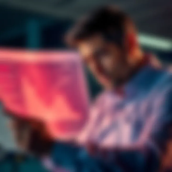 A financial professional looks concerned while reviewing charts showing declining values related to digital currency investments, with a highlight on Bitcoin's scarcity.
