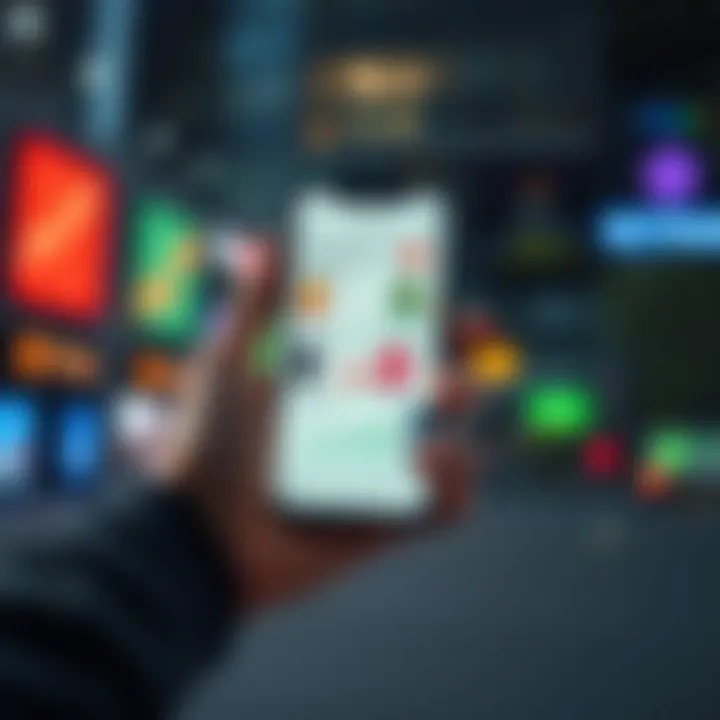 A person holding a smartphone displaying various crypto exchange app icons and charts