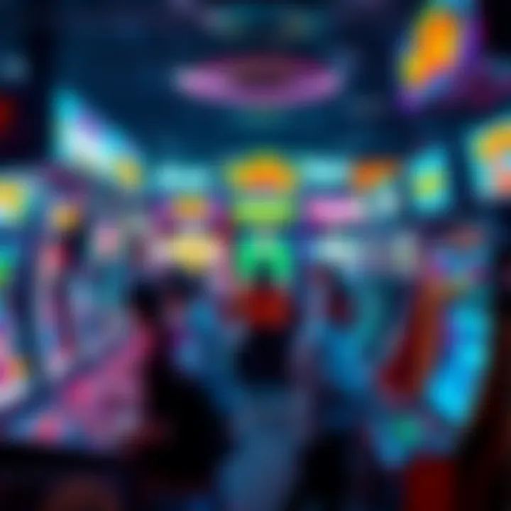 Popular arcade games Various popular arcade games with colorful screens and players engaged in gameplay